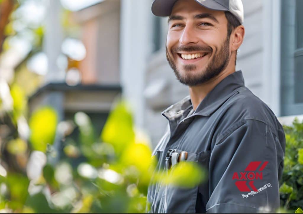 Smiling Axon Extermination technician standing outside a suburban home, highlighting professional pest control services.