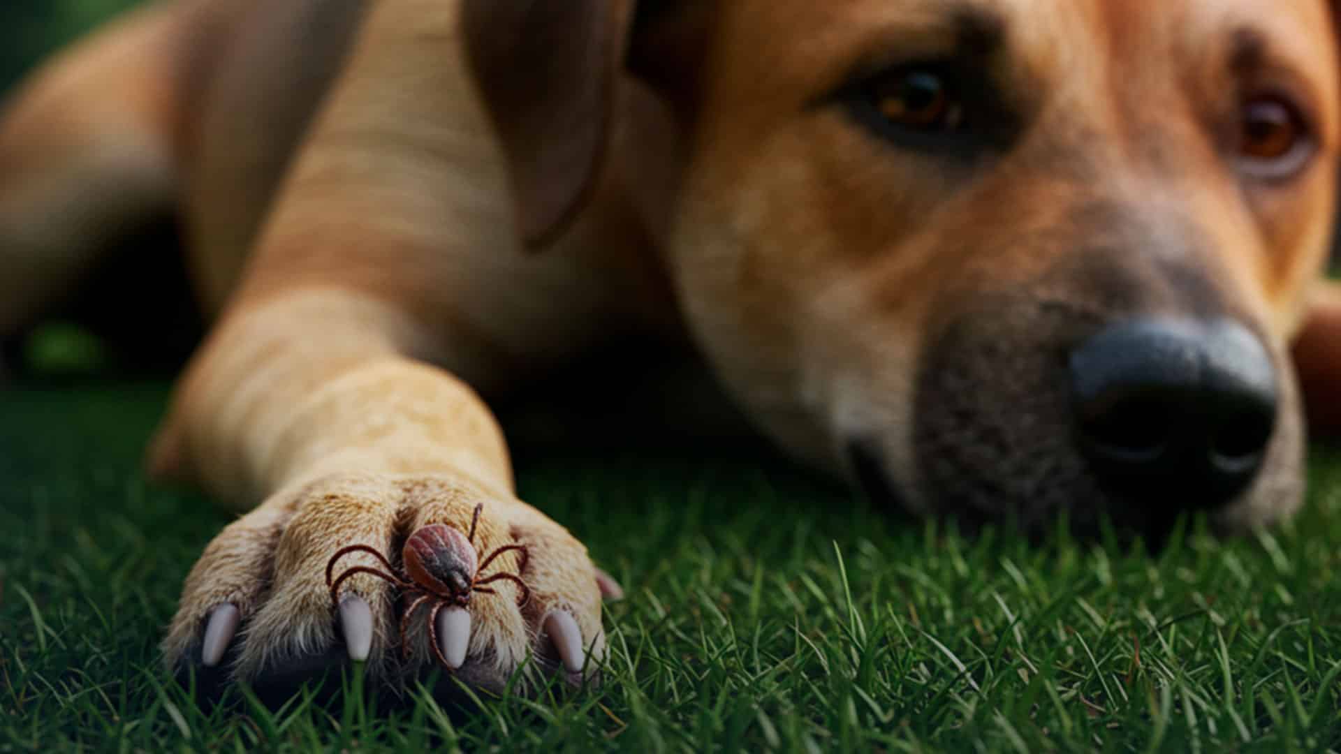 Close-up of a tick on a dog’s paw, representing Axon Extermination’s pet-safe spring pest control solutions.
