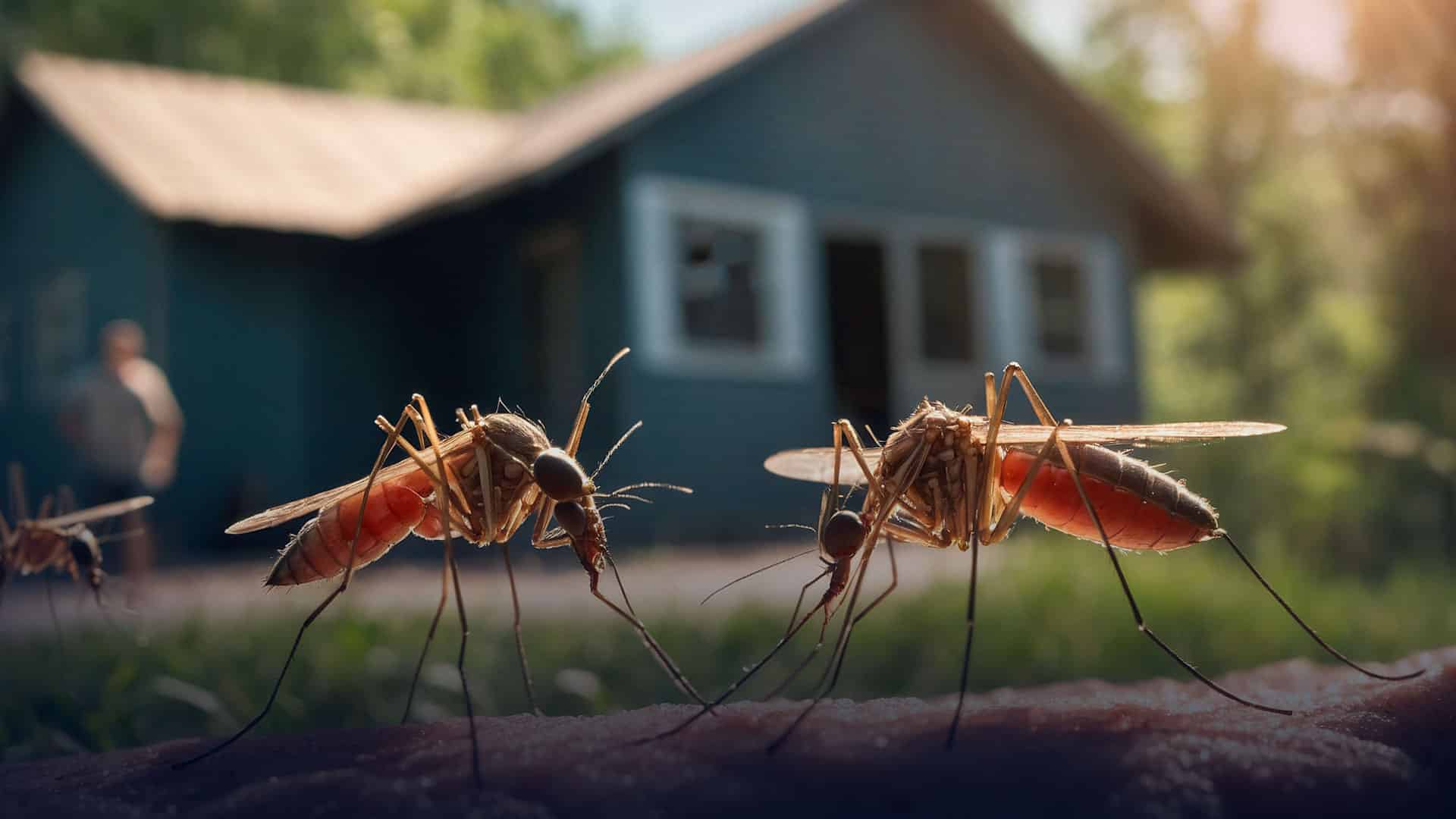 Close-up of mosquitoes near a suburban home, illustrating the need for Axon Extermination’s tick and mosquito control services inGreater Montreal, Gatineau, Ottawa, and Toronto GTA.