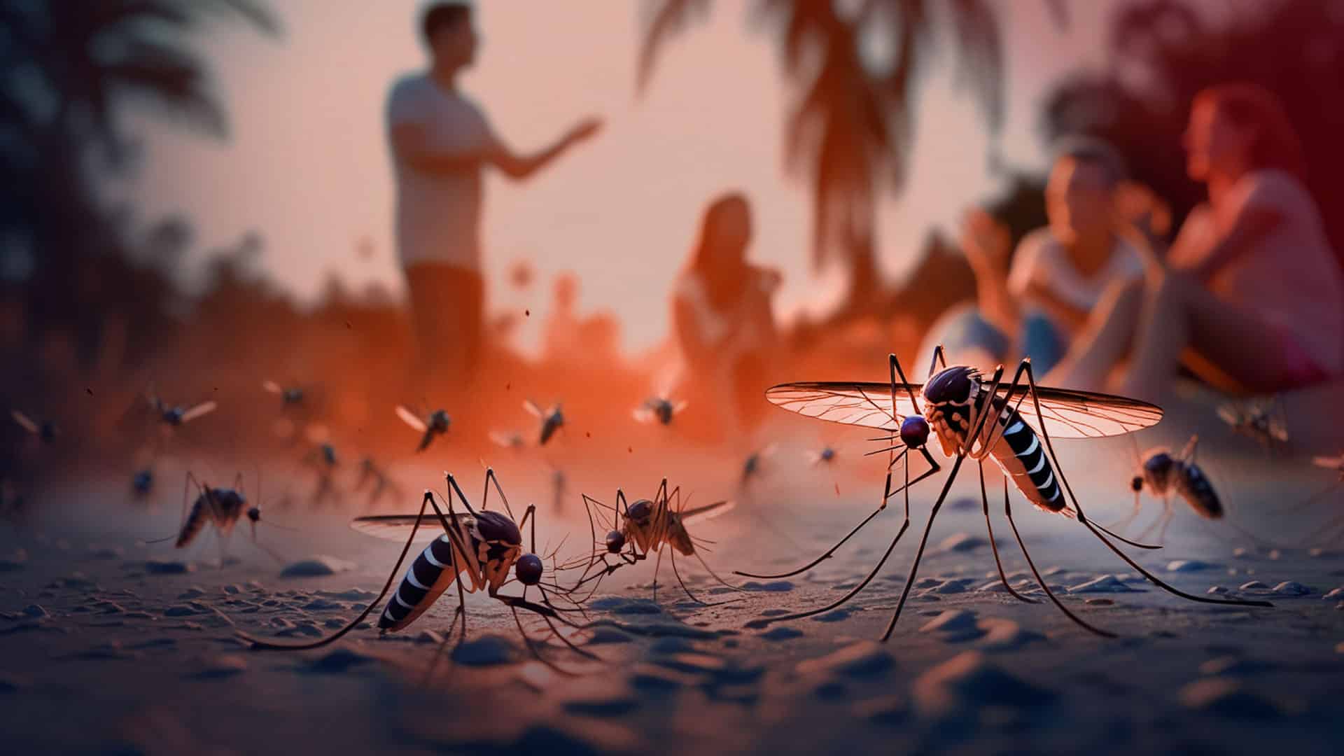 Large mosquitoes in the foreground with a blurred family in the background, highlighting the need for pest control services.